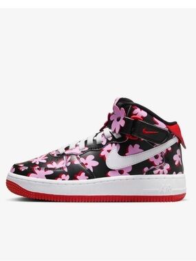 Nike | Girl’s Black/Pink Floral ‘Flower Power’ Air Force 1 Mid Top Sneakers 2Y